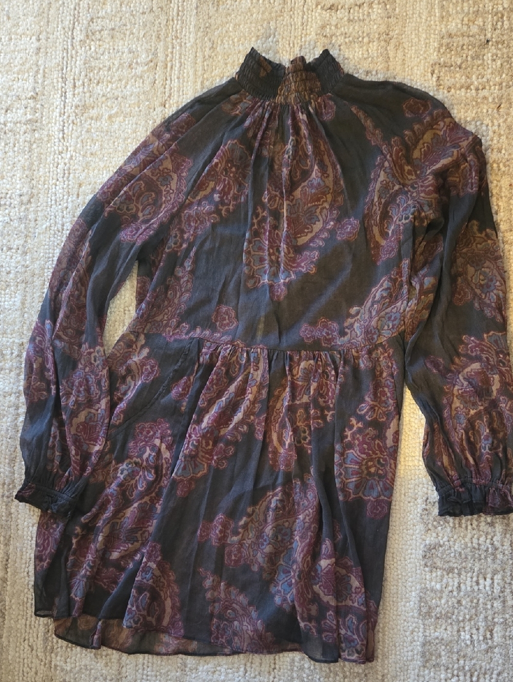 Free People Black Sheer Paisley Long-Sleeve Smocked-Neck Dress